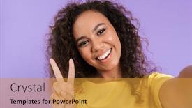  Presentation with african violet - Colorful PPT theme enhanced with lovely happy young african girl wearing casual clothing standing isolated over violet background taking a selfie showing peace gesture backdrop and a gold colored foreground