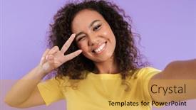  Presentation with african violet - PPT layouts having lovely happy young african girl wearing casual clothing standing isolated over violet background taking a selfie showing peace gesture background and a gold colored foreground