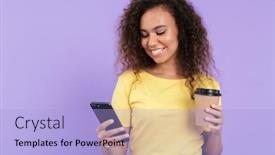  Presentation with african violet - PPT theme with lovely happy young african girl wearing casual clothing standing isolated over violet background using mobile phone while drinking coffee to go background and a light blue colored foreground