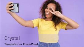  Presentation with african violet - Slide deck having lovely happy young african girl wearing casual clothing standing isolated over violet background taking a selfie showing peace gesture background and a light blue colored foreground