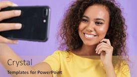  Presentation with african violet - Cool new slide deck with lovely happy young african girl wearing casual clothing standing isolated over violet background taking a selfie backdrop and a yellow colored foreground