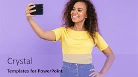  Presentation with african violet - Presentation design consisting of lovely happy young african girl wearing casual clothing standing isolated over violet background taking a selfie background and a light blue colored foreground