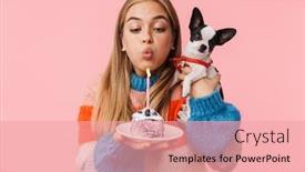  Presentation with happy birthday cake - Cool new slide deck with lovely happy young girl showing piece of birthday cake while holding a chihuahua isolated over pink background blowing candle backdrop and a coral colored foreground