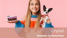  Presentation with happy birthday cake - Amazing slide set having lovely happy young girl showing piece of birthday cake while holding a chihuahua isolated over pink background backdrop and a coral colored foreground