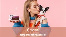  Presentation with happy birthday cake - Cool new slide set with lovely happy young girl showing piece of birthday cake while holding a chihuahua isolated over pink background backdrop and a coral colored foreground