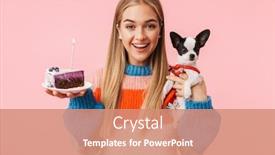  Presentation with happy birthday cake - Presentation consisting of lovely happy young girl showing piece of birthday cake while holding a chihuahua isolated over pink background background and a coral colored foreground