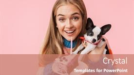  Presentation with happy birthday cake - Beautiful presentation design featuring lovely happy young girl showing piece of birthday cake while holding a chihuahua isolated over pink background backdrop and a coral colored foreground