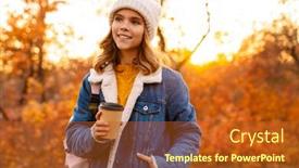  Presentation with takeaway coffee - Cool new presentation theme with lovely-happy-young-girl-walking backdrop and a red colored foreground