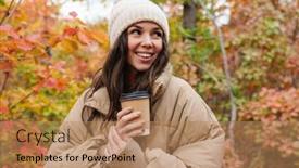  Presentation with takeaway coffee - Theme having lovely-happy-young-woman-walking background and a coral colored foreground