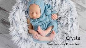  Presentation with infant - Audience pleasing slides consisting of lovely infant in hat and jumpsuit sleeping on round little bed top view backdrop and a light gray colored foreground