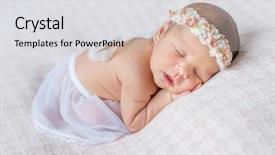  Presentation with newborn - Presentation design consisting of lovely newborn girl with headband sleeping on her stomach and hands under her head covered with white shawl background and a light gray colored foreground