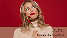  Presentation with cane - Cool new PPT layouts with lovely-pensive-young-woman-wearing backdrop and a coral colored foreground