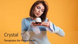  Presentation with kiss - Slides enhanced with lovely playful young woman holding cupcake and sending kiss background and a yellow colored foreground