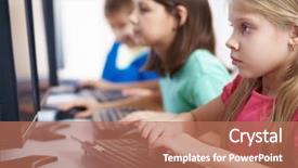  Presentation with monitor computer - Cool new PPT layouts with lovely schoolgirl looking at computer backdrop and a coral colored foreground