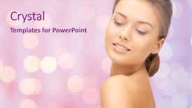  Presentation with care for people - Audience pleasing presentation design consisting of lovely woman face over pink backdrop and a  colored foreground