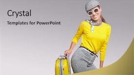  Presentation with suitcase - Beautiful presentation theme featuring lovely woman in a grey hat with suitcase against isolated background backdrop and a light gray colored foreground