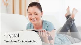  Presentation with living room - Presentation theme with lovely woman reading a magazine background and a  colored foreground