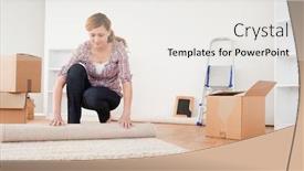  Presentation with carpet - Beautiful slides featuring lovely woman rolling up a carpet to prepare to move house backdrop and a white colored foreground