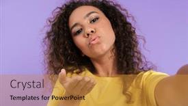  Presentation with african violet - Audience pleasing slide deck consisting of lovely young african girl wearing casual clothing standing isolated over violet background taking a selfie sending kiss backdrop and a gold colored foreground
