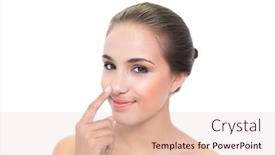  Presentation with nose - Slide deck enhanced with lovely young brunette woman touching her nose on white background background and a lemonade colored foreground