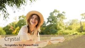  Presentation with picnic - PPT theme with lovely young girl in summer hat having a picnic at the park eating fruits reading book background and a coral colored foreground