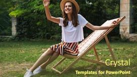  Presentation with outdoors - Theme consisting of lovely young girl resting on a hammock at the city park outdoors in summer waving hand background and a tawny brown colored foreground