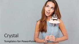  Presentation with happy birthday cake - Beautiful theme featuring lovely young woman holding birthday backdrop and a light gray colored foreground