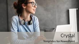  Presentation with headphones - PPT layouts having lovely young woman in headphones background and a light gray colored foreground