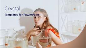  Presentation with fishes - Amazing PPT theme having lovely young woman sitting and holding gold fishes in jars at the table backdrop and a sky blue colored foreground