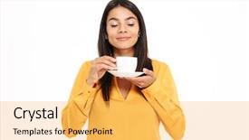 Presentation with love between man and woman - PPT theme with lovely young woman smelling tea background and a yellow colored foreground