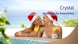  Presentation with lovers - Slide set featuring lovers couple with santa hats in swimming pool almost kissing background and a sky blue colored foreground