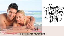 Presentation with lovers - Audience pleasing presentation design consisting of lovers lying down on the beach against happy valentines day backdrop and a coral colored foreground