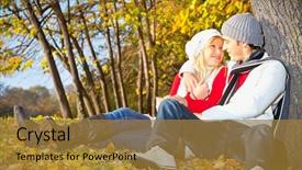  Presentation with lovers - Slide set having lovers man and woman under the tree in autumn forest background and a gold colored foreground