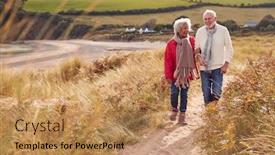  Presentation with senior couple - PPT layouts enhanced with loving-active-senior-couple-walking background and a coral colored foreground