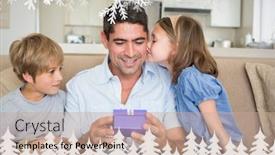  Presentation with gifting - PPT theme having loving children gifting father against fir tree forest and snowflakes background and a coral colored foreground
