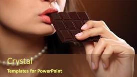  Presentation with taste - Beautiful PPT theme featuring loving chocolate woman bites bar to enjoy the taste close up backdrop and a tawny brown colored foreground