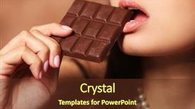  Presentation with taste - PPT theme enhanced with loving chocolate woman bites bar to enjoy the taste close up background and a tawny brown colored foreground