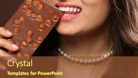  Presentation with taste - Beautiful theme featuring loving chocolate woman bites bar to enjoy the taste close up backdrop and a tawny brown colored foreground