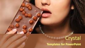  Presentation with taste - Colorful slide set enhanced with loving chocolate woman bites bar to enjoy the taste close up backdrop and a tawny brown colored foreground