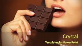  Presentation with taste - Beautiful slide set featuring loving chocolate woman bites bar to enjoy the taste close up backdrop and a tawny brown colored foreground