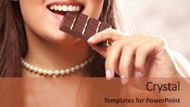  Presentation with taste - PPT theme featuring loving chocolate woman bites bar to enjoy the taste close up background and a red colored foreground
