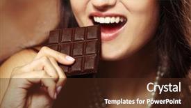  Presentation with taste - Beautiful PPT theme featuring loving chocolate woman bites bar to enjoy the taste close up backdrop and a tawny brown colored foreground