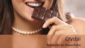  Presentation with taste - Beautiful slides featuring loving chocolate woman bites bar to enjoy the taste close up backdrop and a coral colored foreground