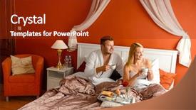  Presentation with bed hotel - Colorful slide set enhanced with loving couple drinking coffee in bed hotel room romantic morning backdrop and a tawny brown colored foreground