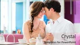 Presentation with cafe - Colorful theme enhanced with loving couple in a cafe or ice cream parlor spends leisure time together hugging and kissing backdrop and a coral colored foreground