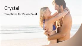  Presentation with romantic beach - Amazing PPT theme having loving couple in swimsuit embracing on the beach young couple in love looking at each other with sea in background romantic couple on sea shore with copy space backdrop and a white colored foreground