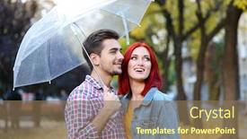  Presentation with under umbrella - Slides with loving couple under an umbrella in autumn park background and a violet colored foreground