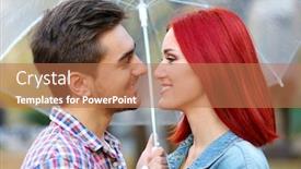  Presentation with under umbrella - Theme featuring loving couple under an umbrella in autumn park background and a coral colored foreground