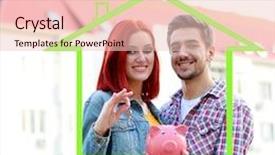  Presentation with piggy bank - Presentation with loving couple with keys and piggy bank in drawing house background and a lemonade colored foreground