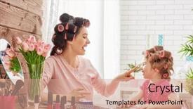  Presentation with hair dressing - PPT theme having loving family mother and daughter background and a coral colored foreground